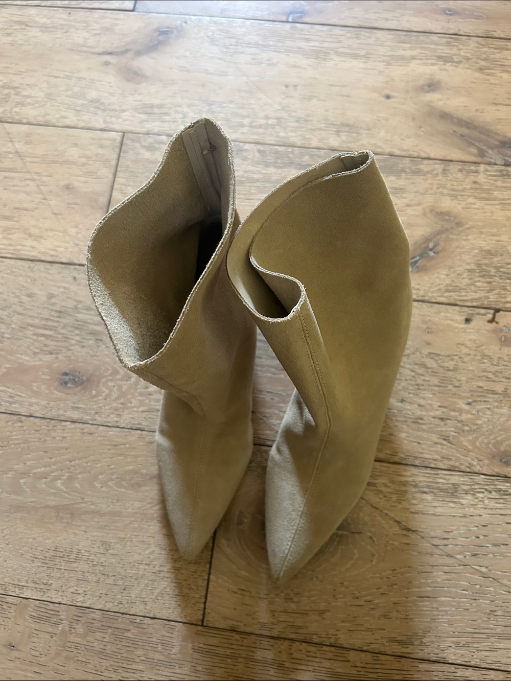 Zara Pointed-Toe Mid-Calf Pull-On Boots in Tan Suede